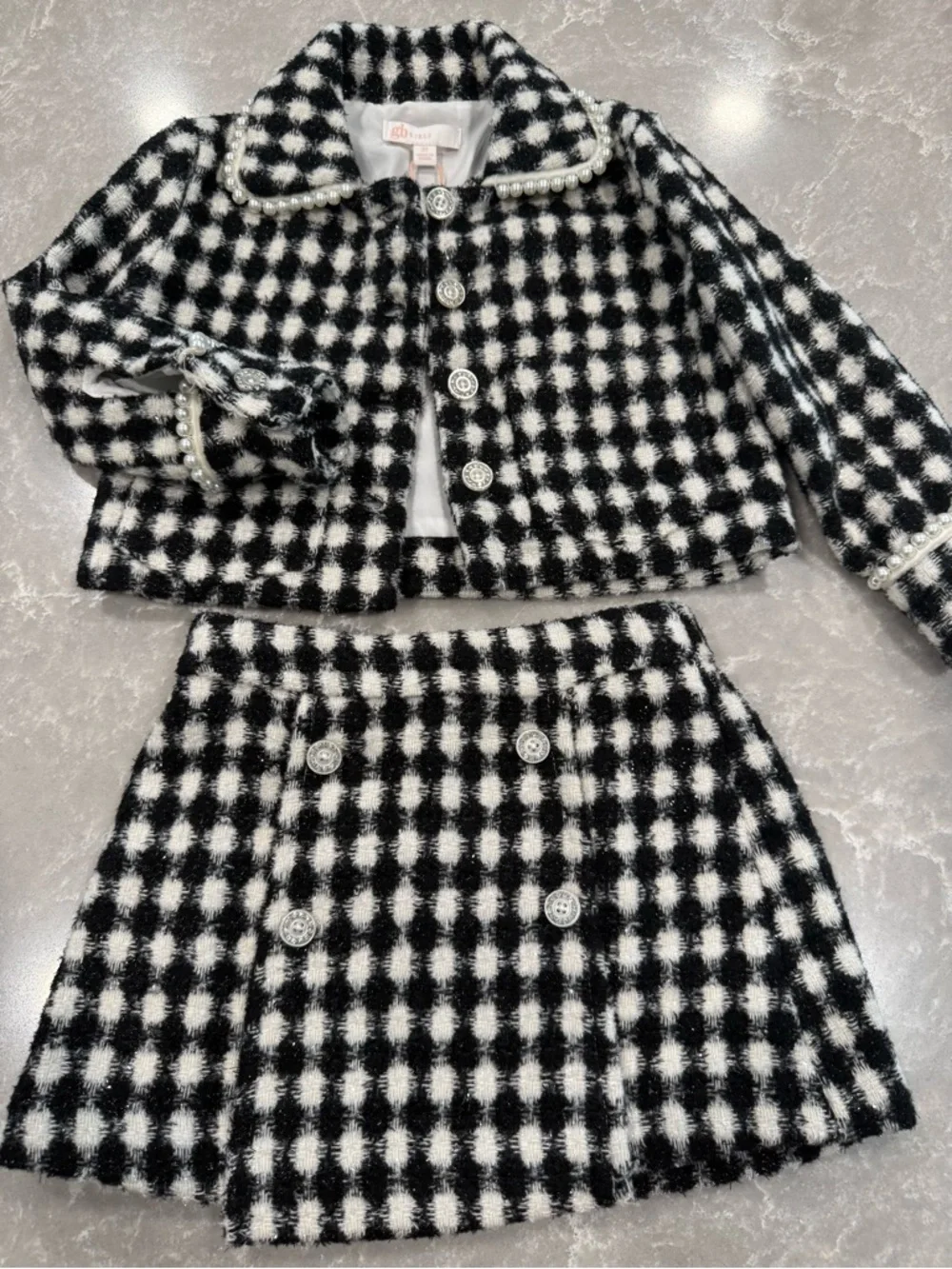 GB Girls Skirt Jacket Set Tweed 3T Black White Pearl Trim NWT